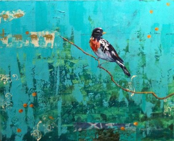 花 鳥 Painting - 緑の背景を持つ鳥